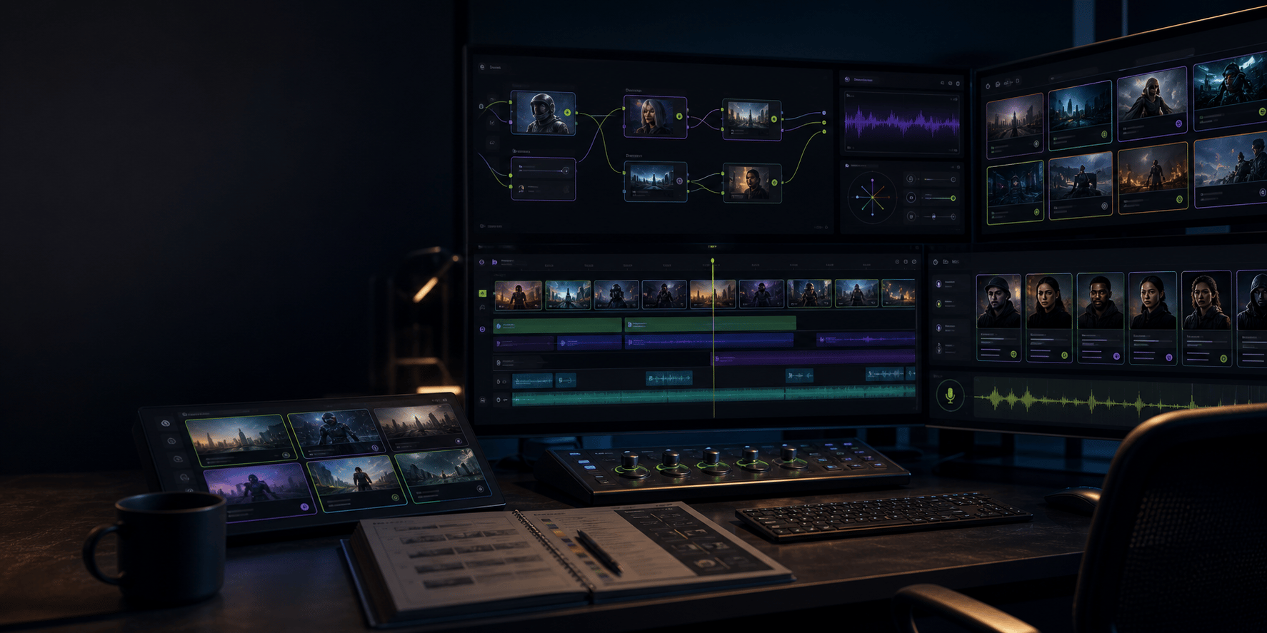 AI video editing command room with node graph, timeline, sound wave, and character panels