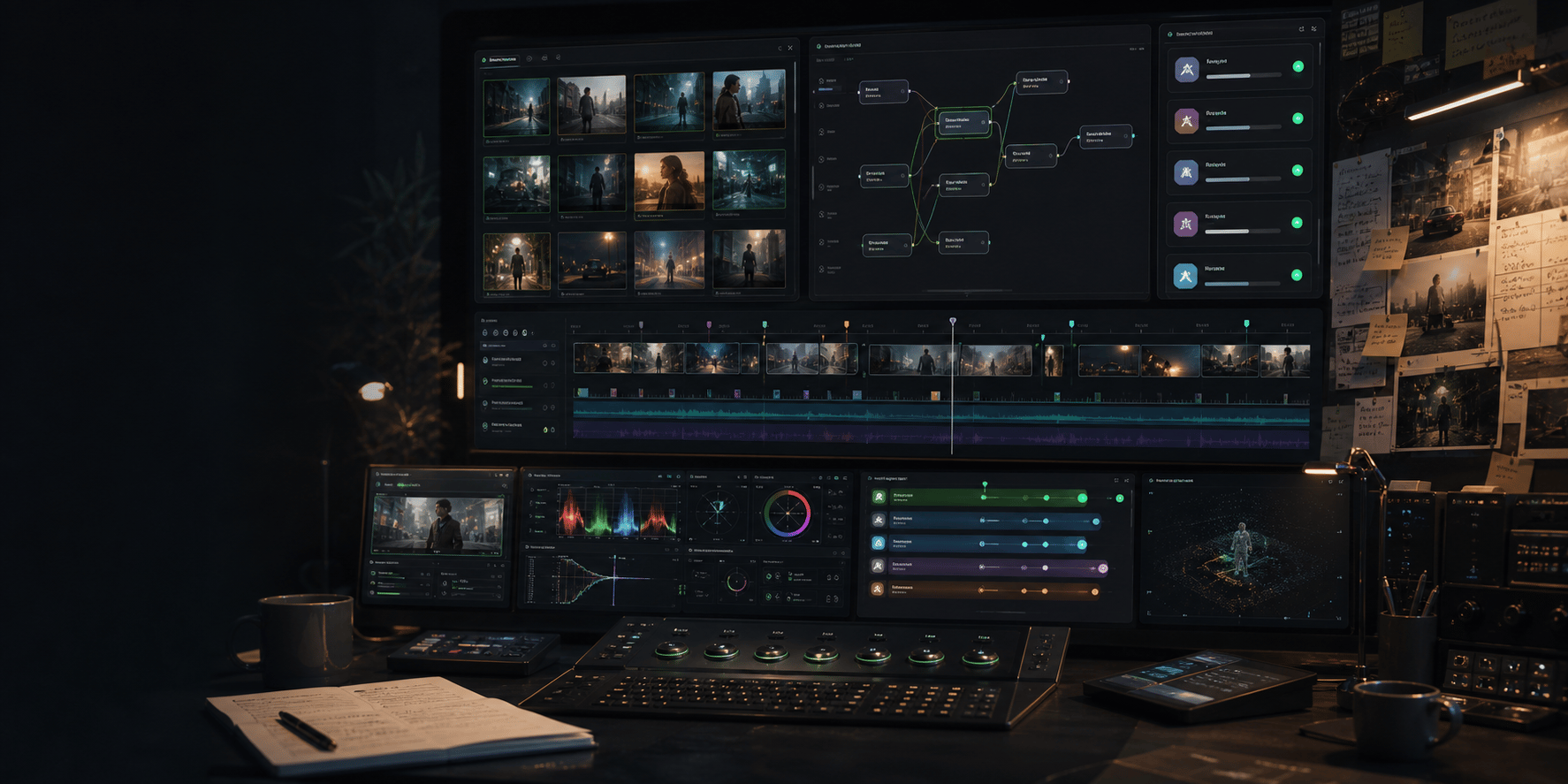 AI video workspace with timelines, media panels, and creative production controls